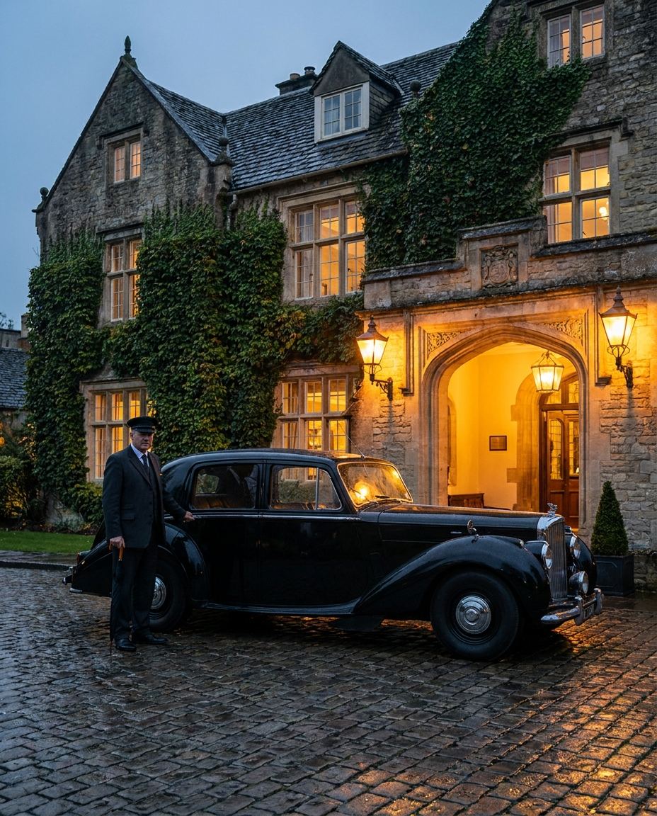 Chauffeur standing beside a luxury car at a grand hotel entrance at dusk