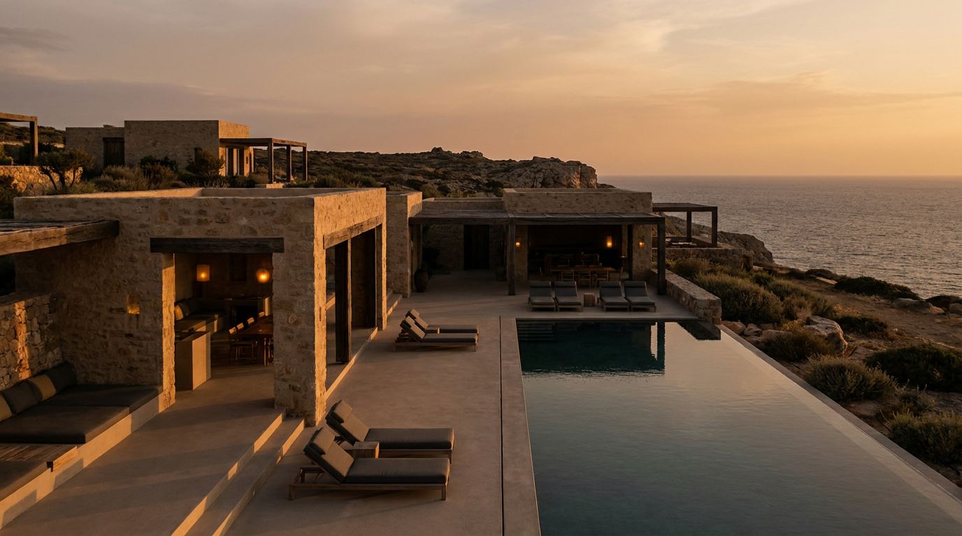 Cliffside luxury resort with an infinity pool overlooking the ocean at golden hour