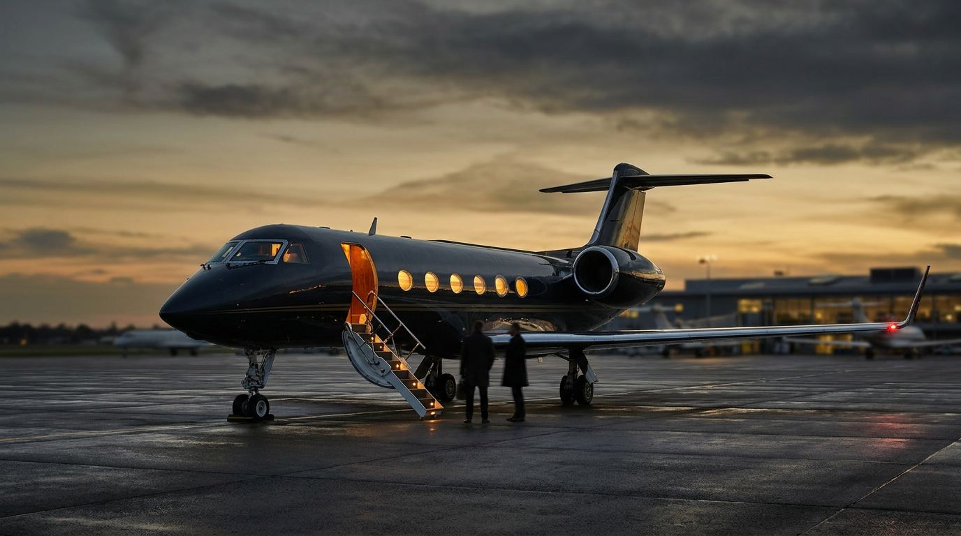 Private jet on a tarmac at dusk with cabin stairs lowered