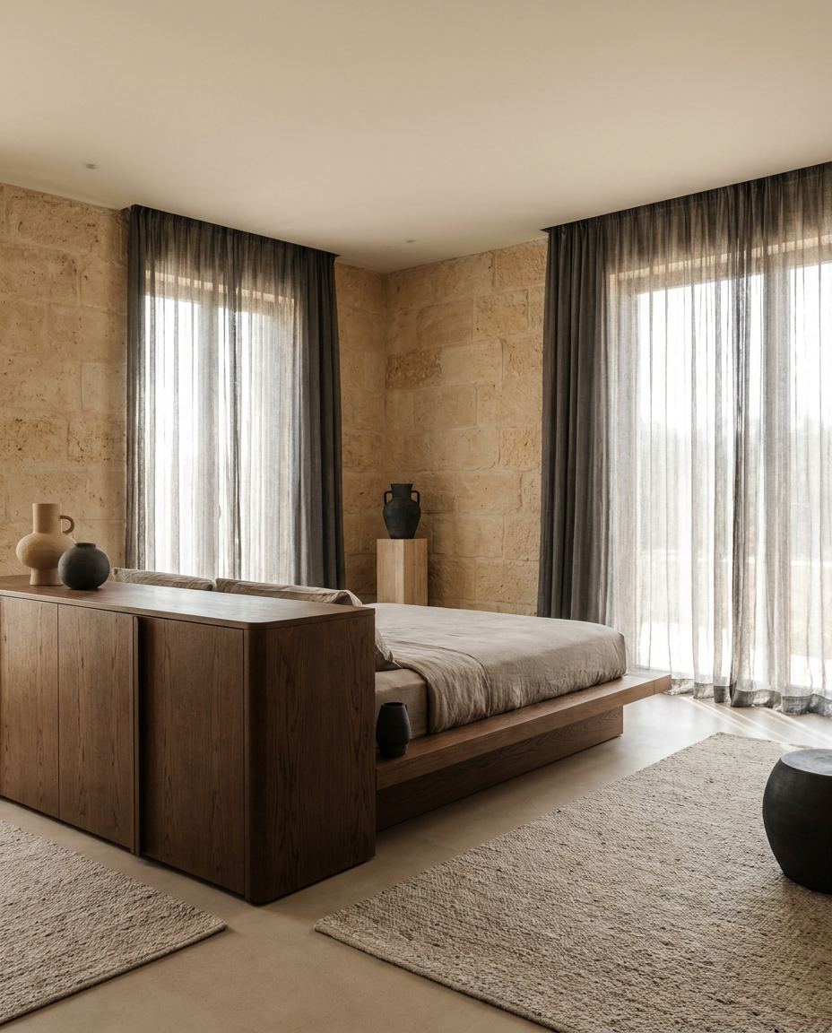 Minimalist luxury hotel suite interior with stone walls and linen curtains