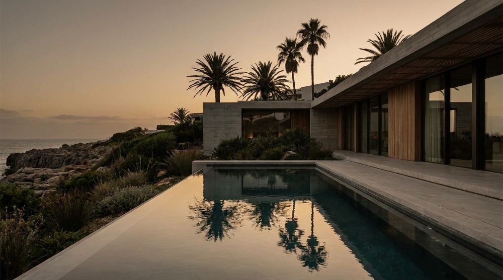 Private coastal villa with an infinity pool at dusk