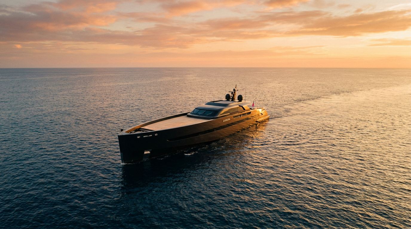 Private motor yacht cruising open sea at sunset